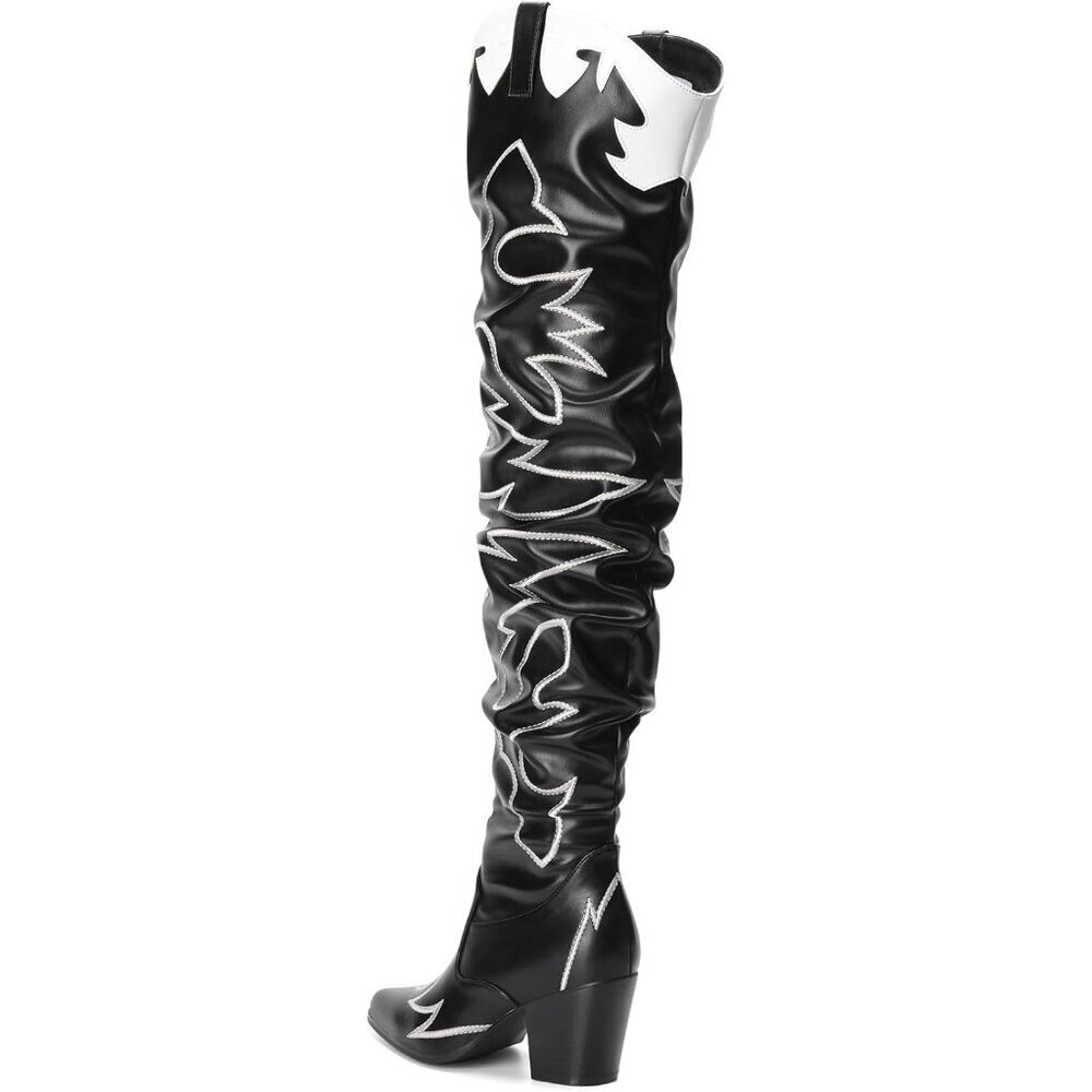 Women Black Faux Suede Cowboy Boots Over The Knee Thigh High Western Boots - Picture 3 of 7